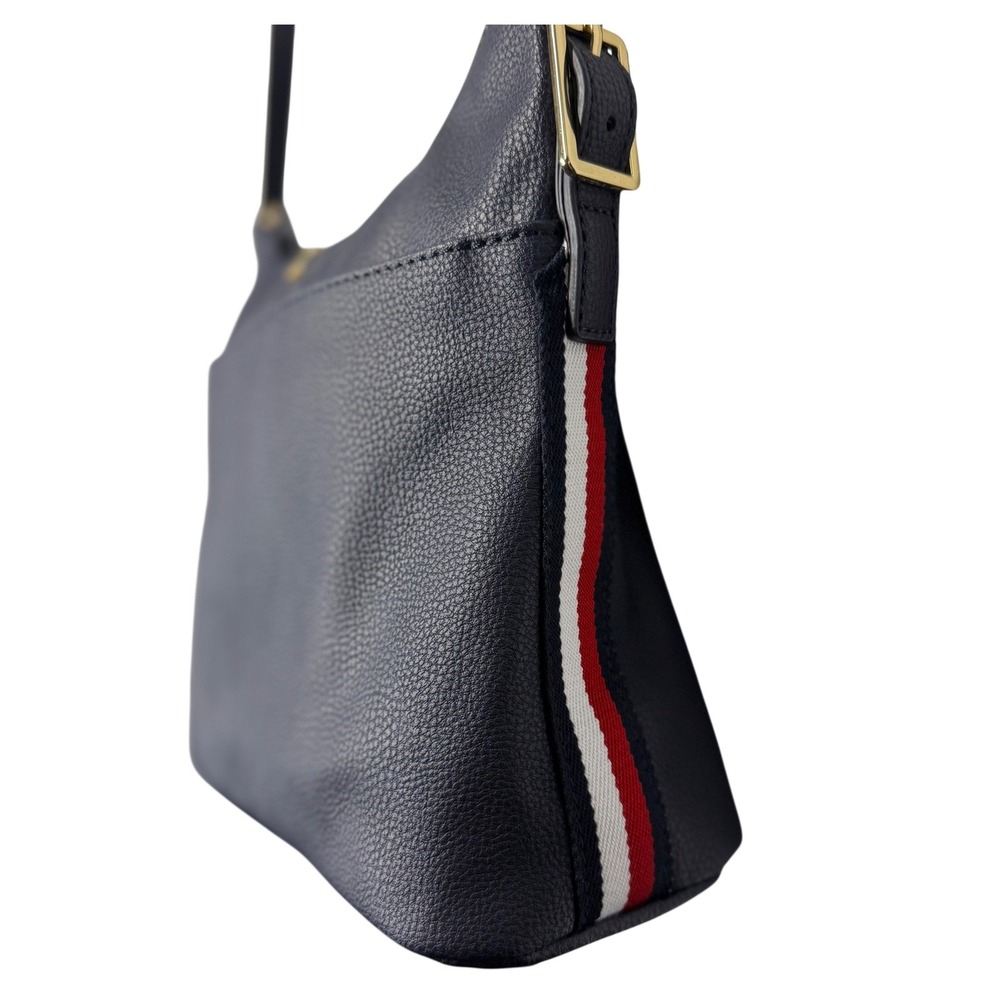 Tommy Hilfiger Navy Blue Pebbled Faux Leather Shoulder Bag Striped Trim Hobo - Picture 3 of 9